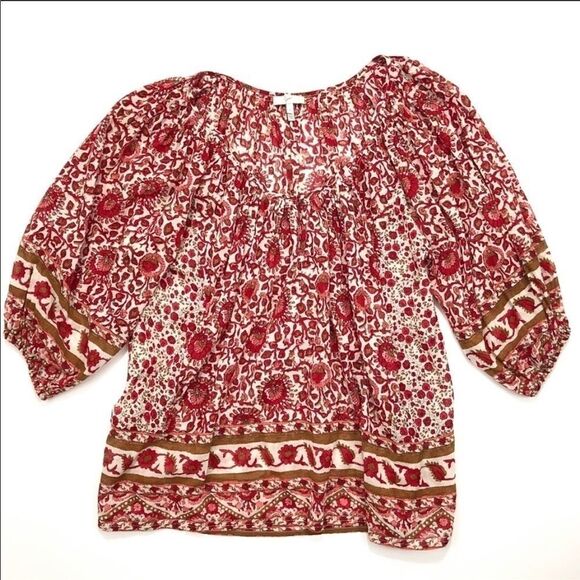 Joie Red Print Boho Peasant Floral Cotton Blouse - Picture 2 of 8